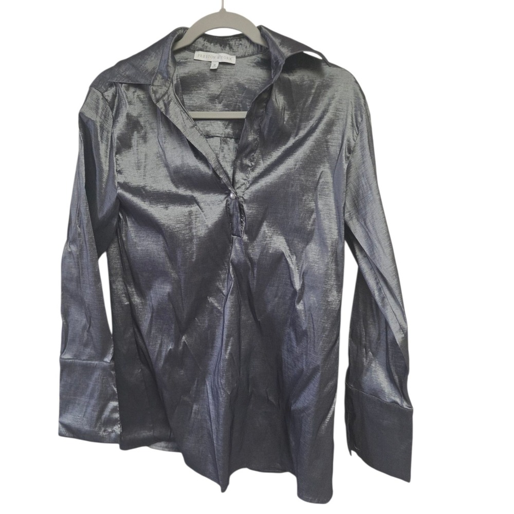 Preston & York Metallic Gray‎ Button Down Shirt Women's M Shimmer Blouse Y2K